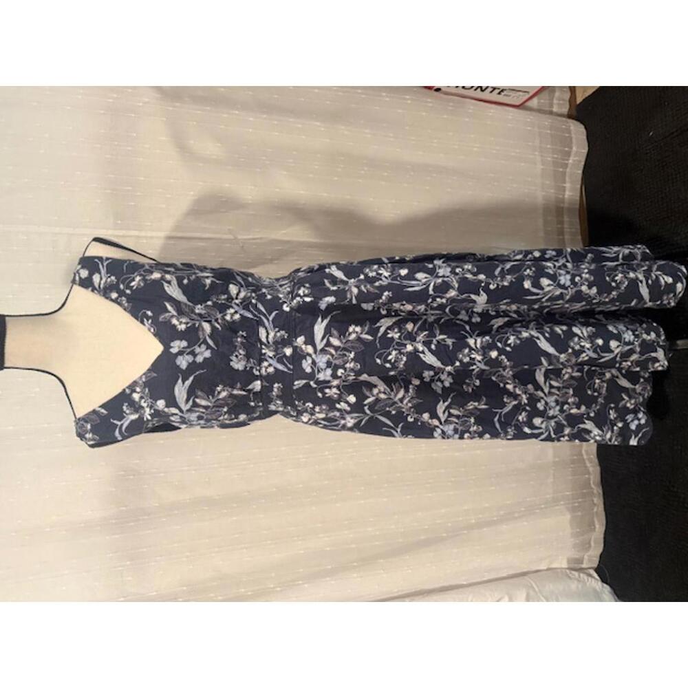 C&C CALIFORNIA 100% LINEN MIDI DRESS BLUE WHITE FLORAL V NECK SIZE 6 POCKETS